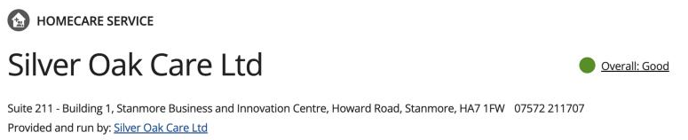 CQC profile: Silver Oak Care Ltd, homecare service, Overall: Good